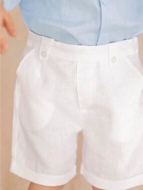 NWT $113 Tartine et Chocolat Boys White Linen Shorts with Buttoned Tabs